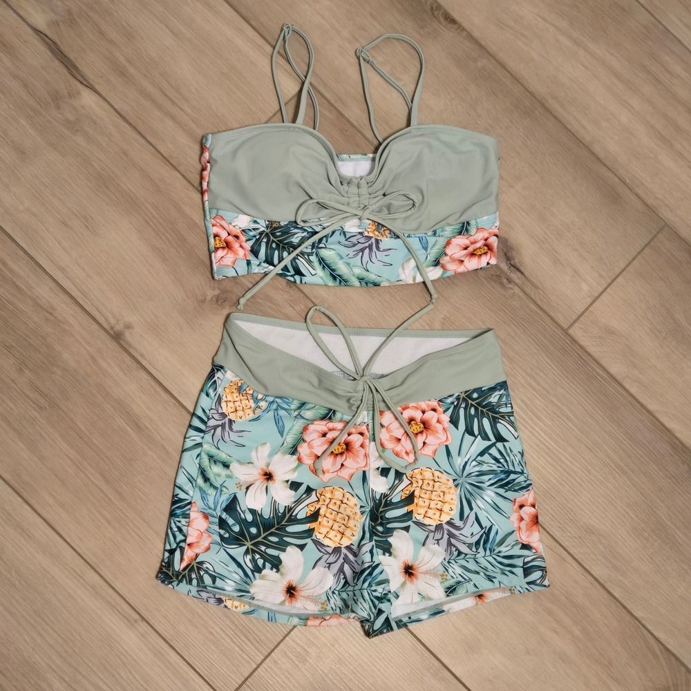 Tropical Pineapple Floral Bikini Top and High Waisted Swim Shorts Set Green M